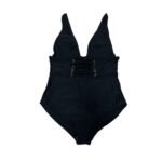 Women's swimsuit, black, one-piece swimsuit with woven ribbon at the waist.