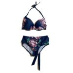 Women's two-piece beach swimsuit, blue background with white lotus pattern bikini