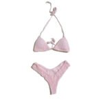 Women's summer swimsuit, pink solid color beachwear two-piece set.