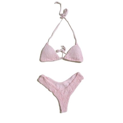 Women's summer swimsuit, pink solid color beachwear two-piece set.