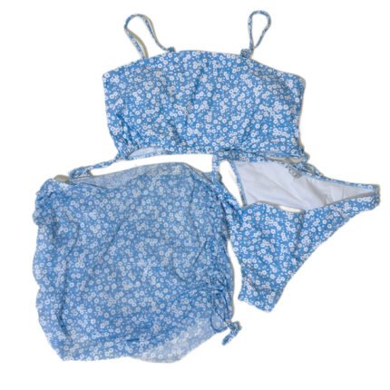 Summer beach swimsuit set in blue and white polka dots (three pieces)