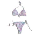 Women's summer swimsuit, pink floral pattern, two-piece beachwear set.