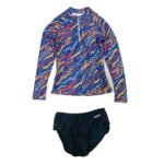 Women's Summer Swimsuit with Zipper, Beach Swimsuit, Blue-Black Long-Sleeved Two-Piece Set