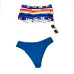 Rainbow pattern ruffled two-piece swimsuit with push-up and padded bustier top