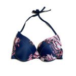 Women's two-piece beach swimsuit, blue background with white lotus pattern bikini - 图片 5