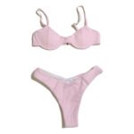 Women's summer swimsuit, light pink solid color two-piece swimwear.