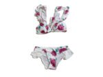 Women's beach swimsuit two-piece set, white background with floral pattern