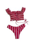 Women's swimsuit, red and white, two-piece bikini with ruffled hem.