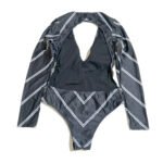 Summer beach women's one-piece swimsuit with black and white stripe pattern.